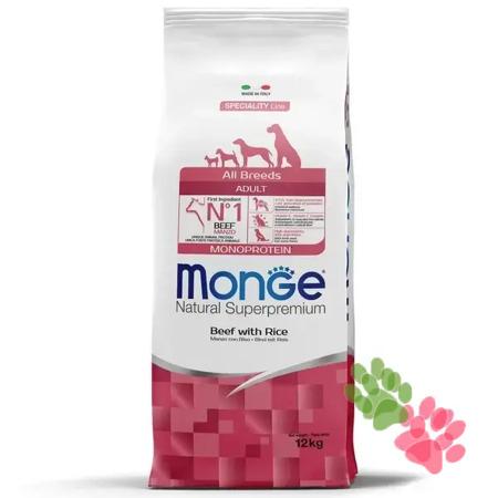 Сухой корм Monge Dog Speciality Line Monoprotein All Breeds Beef and Rice для взрослых собак всех пород, из говядины с рисом 12 кг